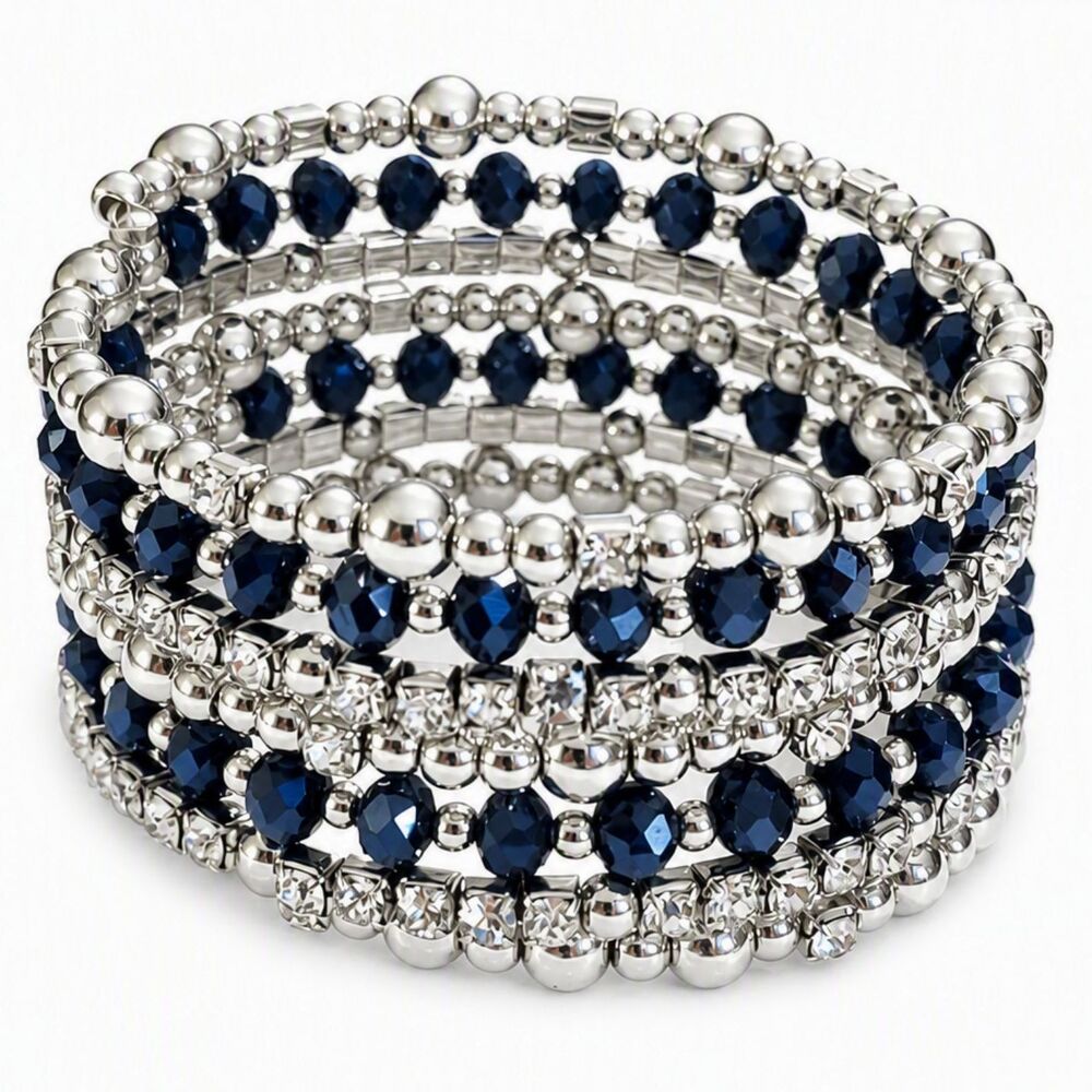 Silver & Navy Blue Beaded Clear Rhinestone Stretch Coil Bracelet 6.5" Adjustable